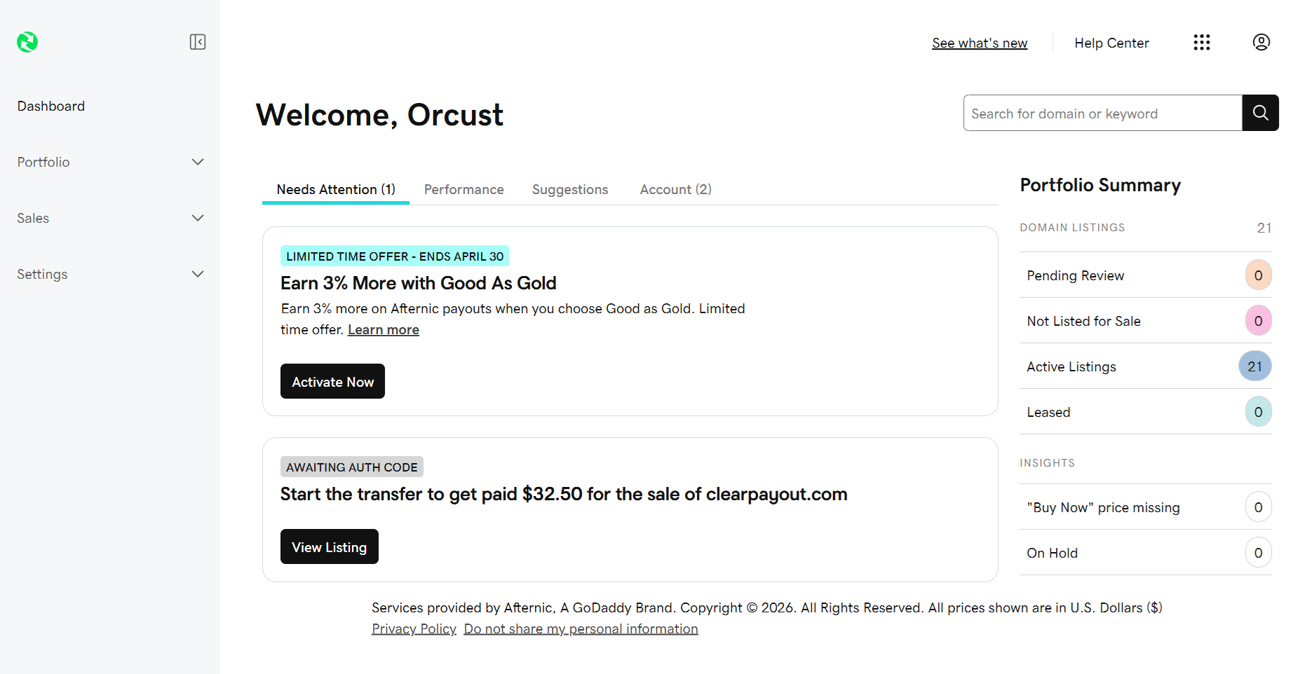 Afternic dashboard with an Awaiting Auth Code card prompting to start the transfer to get paid $32.50