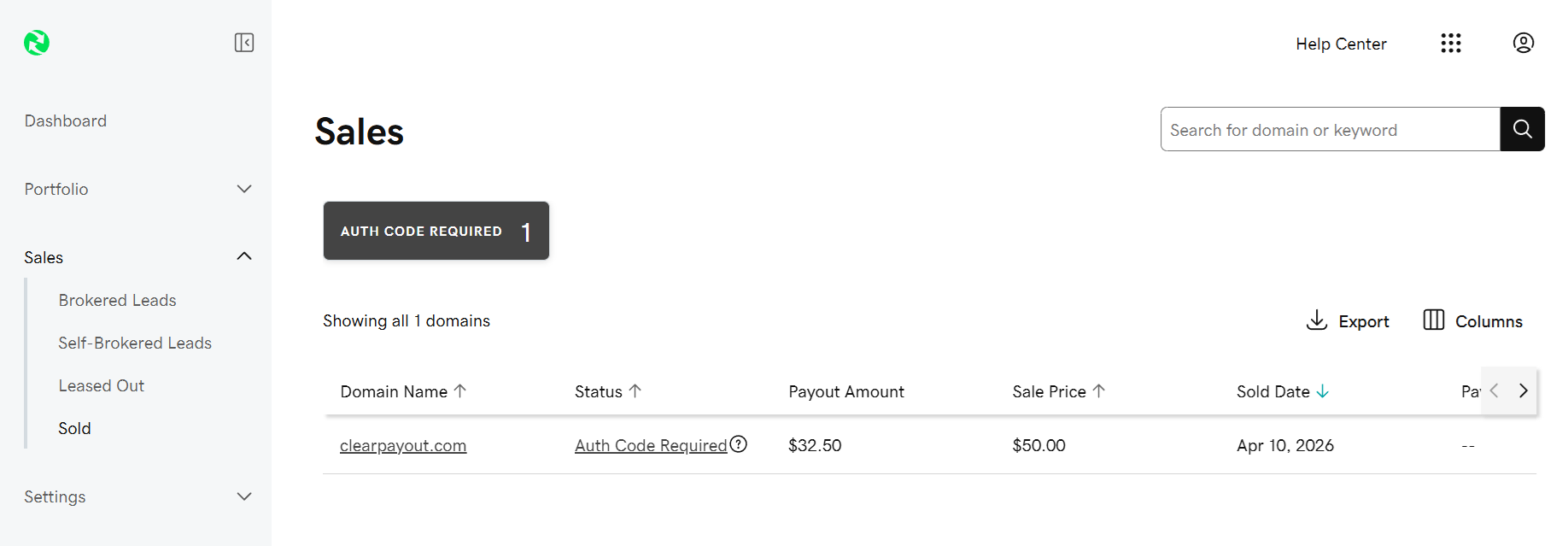 Afternic Sold tab showing clearpayout.com sold for $50 with a $32.50 payout and Auth Code Required status