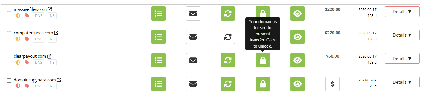 Porkbun domain list with the transfer lock padlock icon highlighted for clearpayout.com