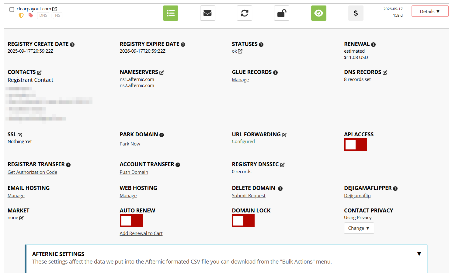 Porkbun domain detail page showing Get Authorization Code under Registrar Transfer and the Domain Lock toggle