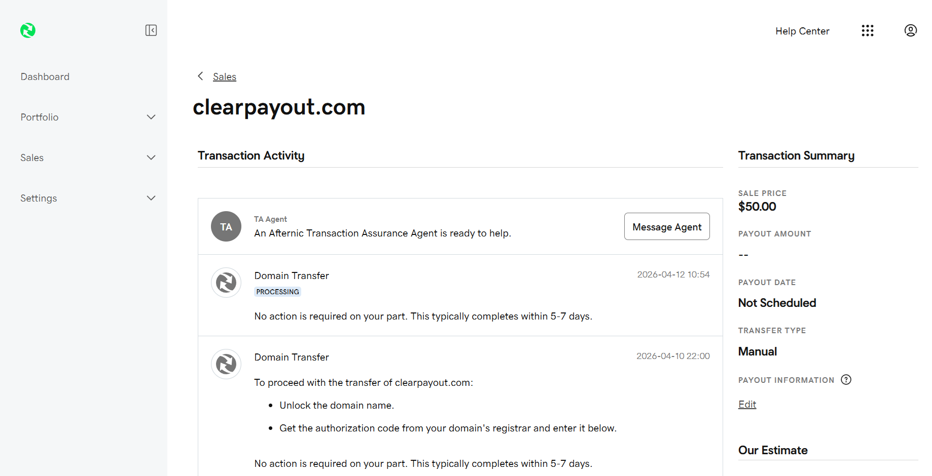 Afternic transaction activity page listing the steps: unlock the domain and enter the authorization code