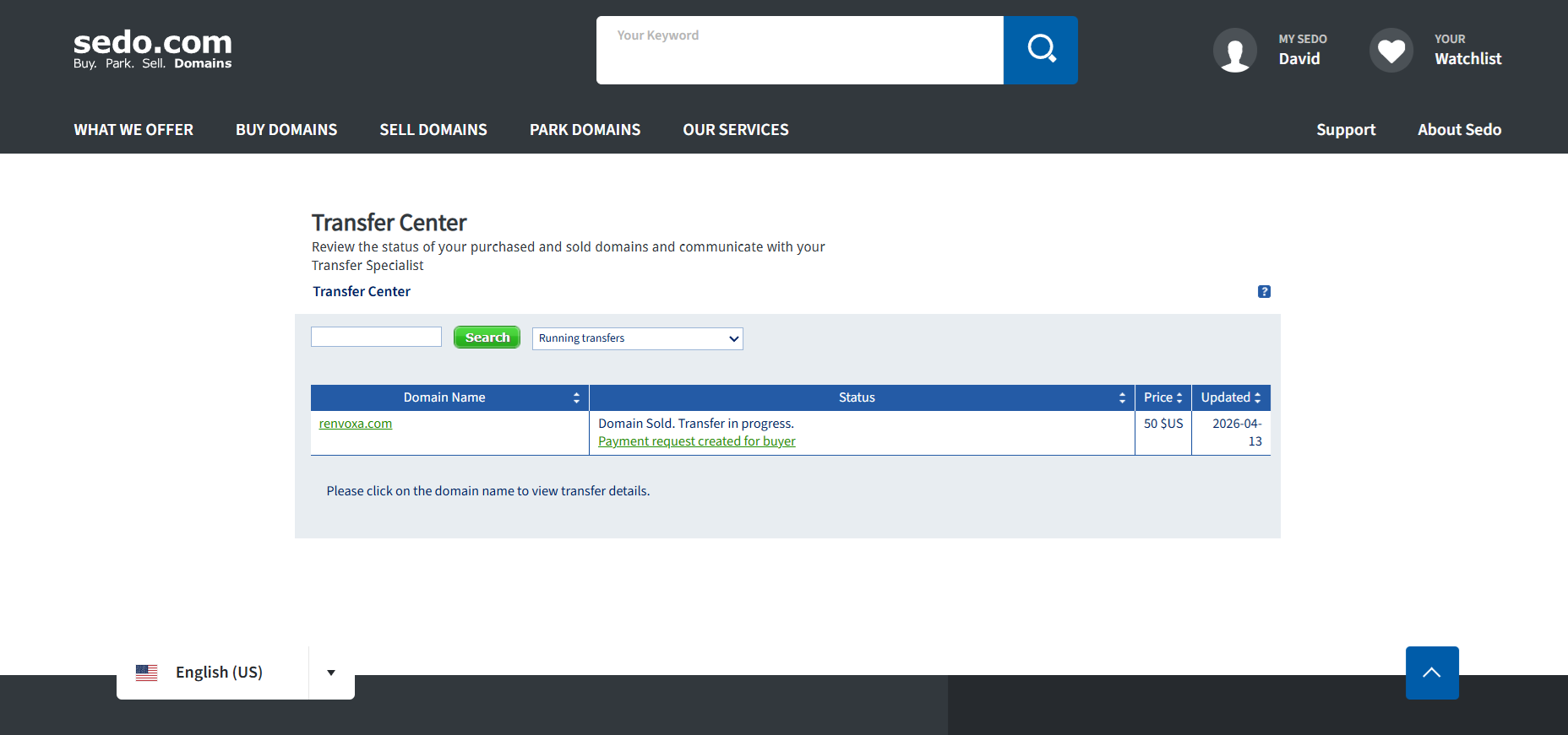 Sedo Transfer Center showing renvoxa.com sold for 50 US dollars with transfer in progress