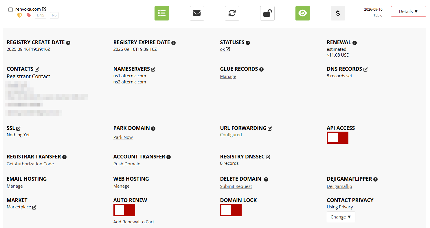 Porkbun domain detail page for renvoxa.com showing the Domain Lock toggle and Get Authorization Code link
