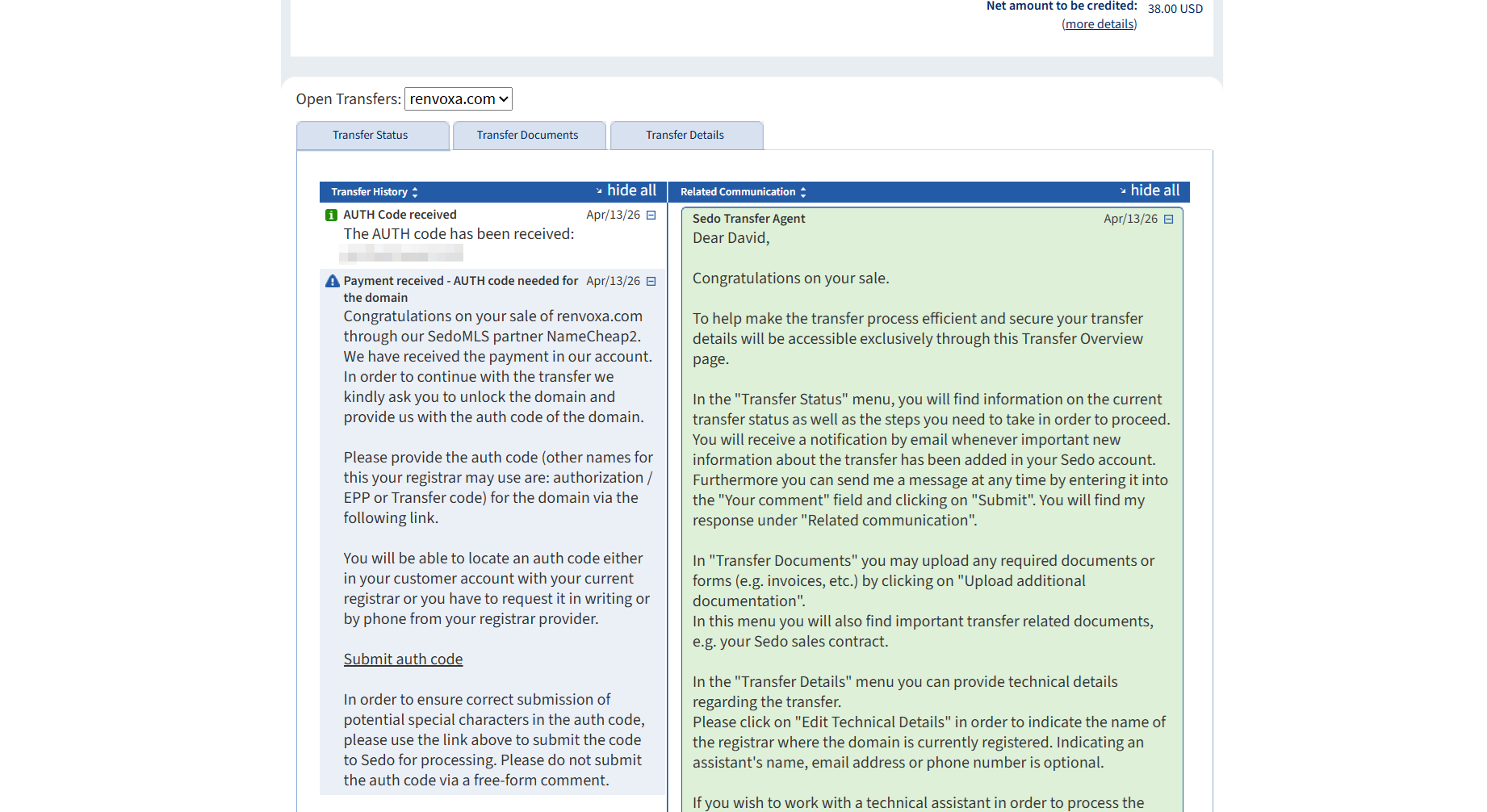 Sedo transfer overview showing the net amount to be credited and instructions to submit the auth code